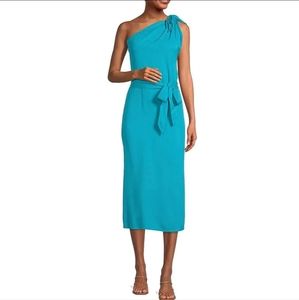 Antonio Melani Sea Solid Blue Sleeveless One Shoulder Bow Ties Midi Dress